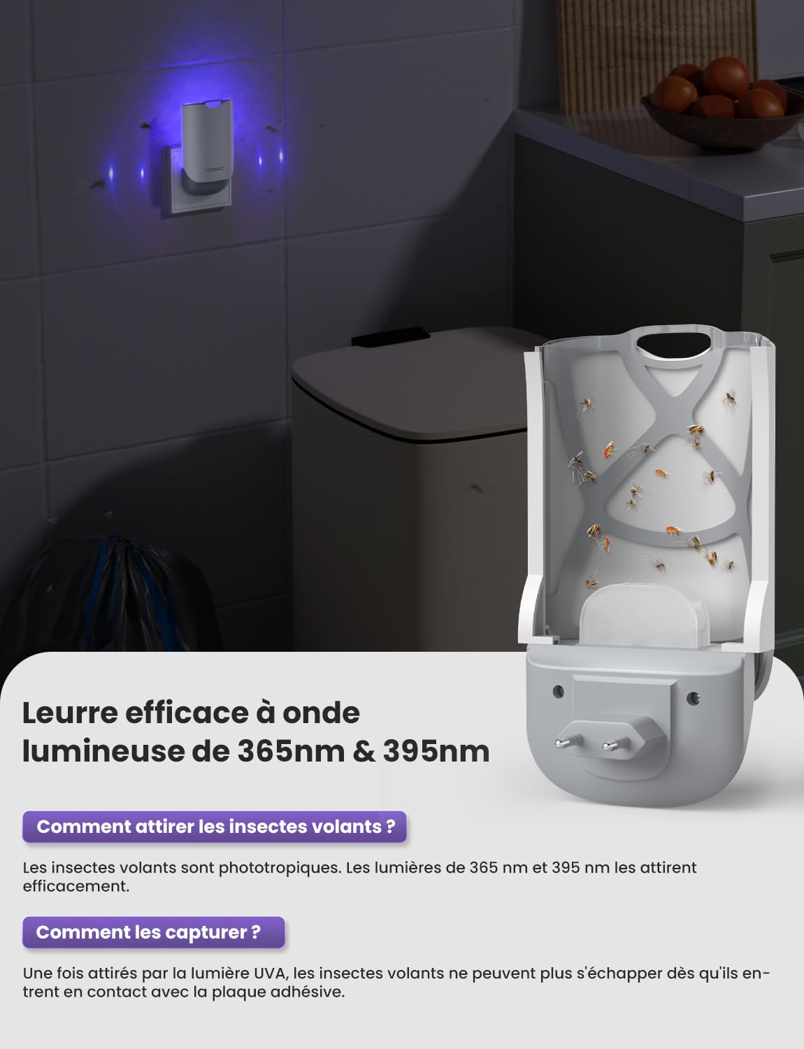 Piège à Moucherons Électrique YISSVIC - Lot Avec 3 Recharges, Lumière UV, Pour Cuisine Et Plantes