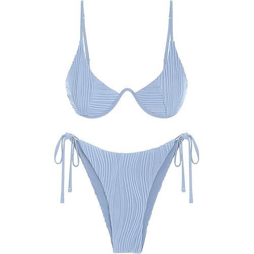ZAFUL Women's Bikini Sets Ribbed Two Piece Swimsuits Underwire Adjustable Back Clasp Bathing Suit Side Tie Thong Swimwear