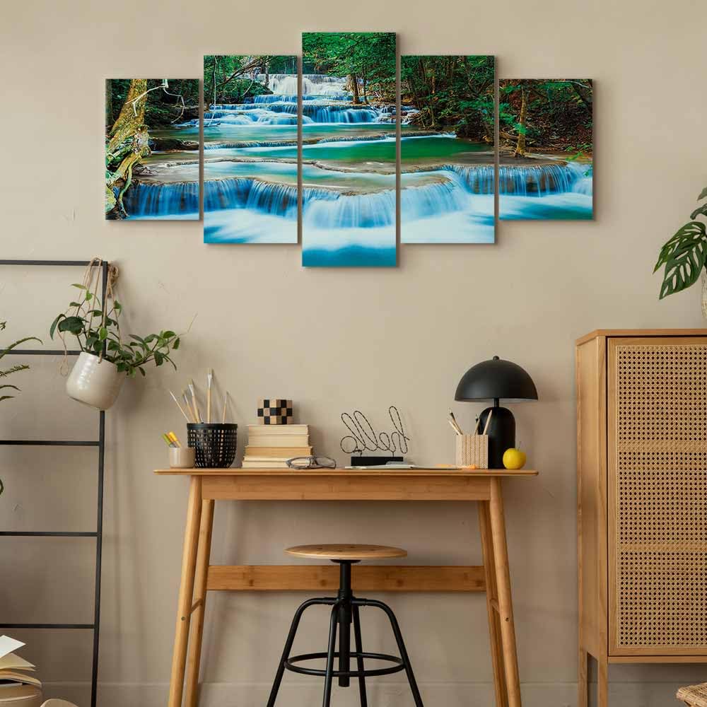 B&D XXL - Quadro Acustico Cascata 5 pezzi schiuma acustica Quadri Moderni Grandi - Camera da Letto Matrimoniale - Stampa su Tela - Pannelli Fonoassorbenti Decorativi - Fonoassorbente