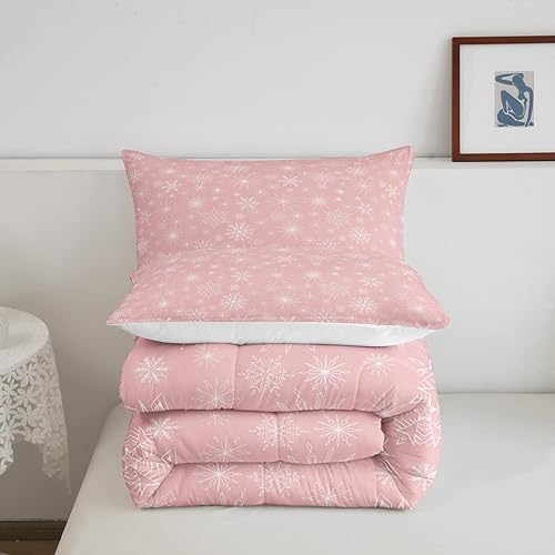 Miniatura 4 de Erosebridal Juego de edredón de Navidad rosa, tamaño Queen, diseño romántico de copo de nieve, edredón de princesa de invierno, juego de ropa de
