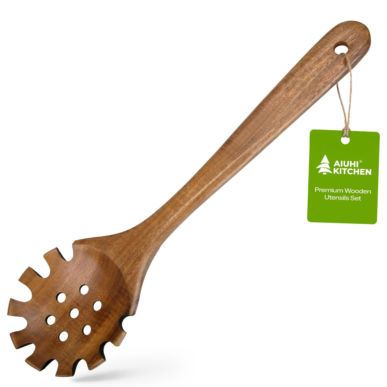 AIUHI Teak Wooden Pasta Spoon with Holes, 12.6" Slotted Strainer Spoon for Serving & Cooking, Heat-Resistant Nonstick-Safe Noodle Server