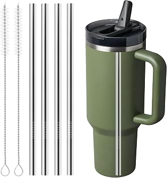 4Pcs Metal Straw Replacement Compatible with Stanley 40oz Quencher ProTour Flip Straw Tumbler, Reusable Stainless Steel Straws for Stanley Cup Accessories With 2 Straw Cleaning Brush