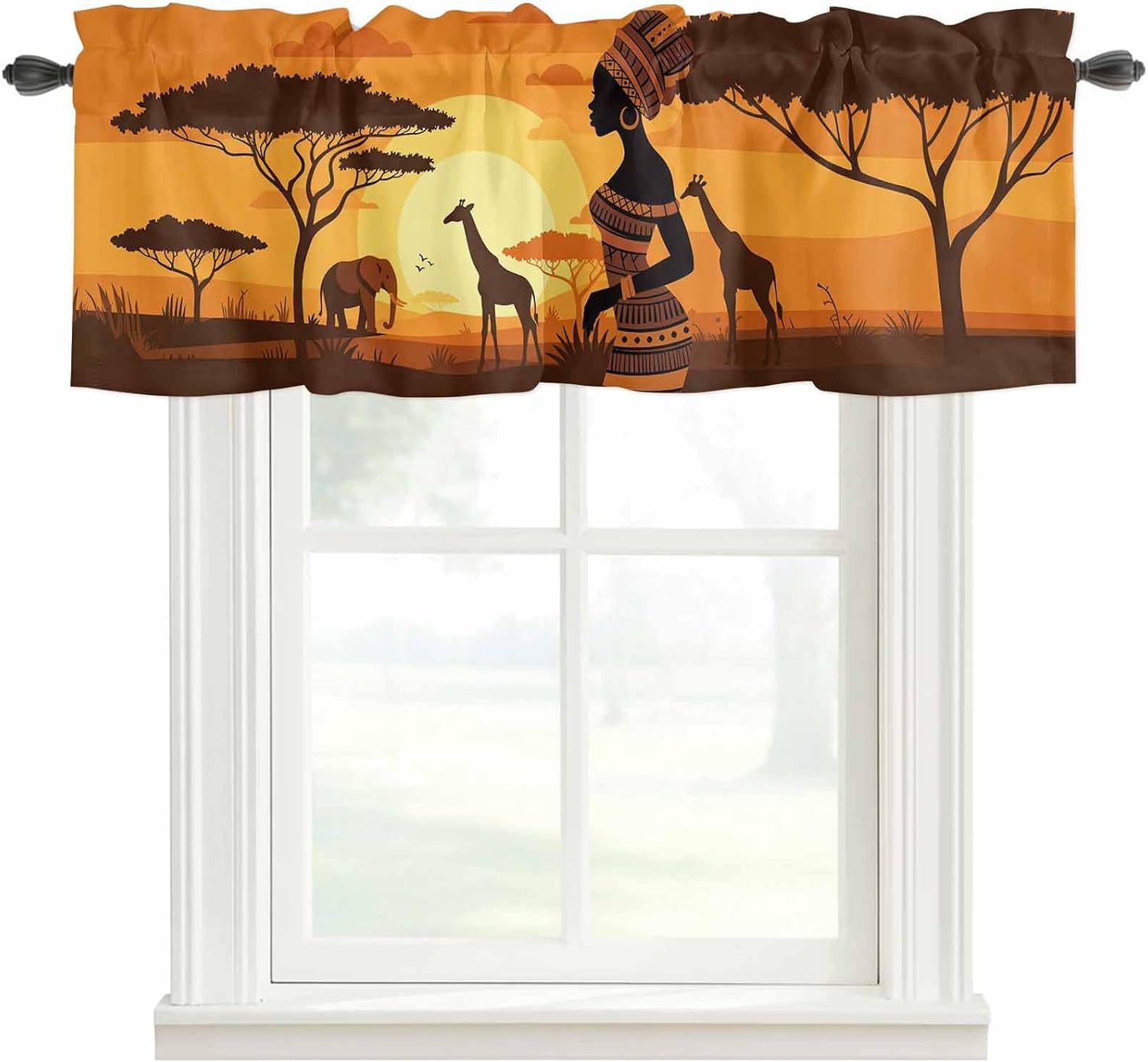 Valances for Windows African Black Women Kitchen Valance, Rod Pocket Valances Window Topper Dusk Forest Animal Giraffe Elephant Short Curtain Valance for Bedroom Bathroom Living Room 54x18in