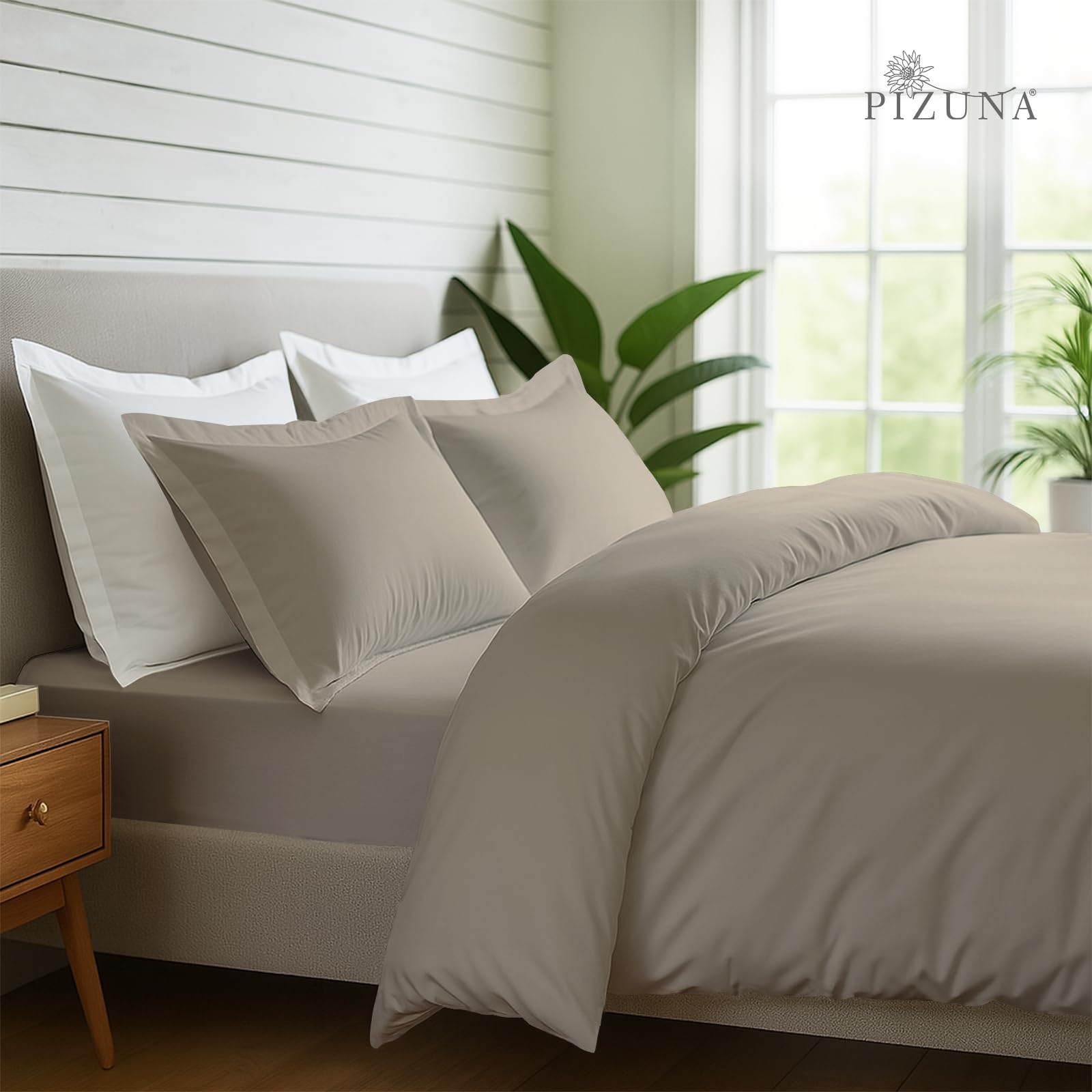 Pizuna Simply Taupe Pure Combed Cotton Superking Bedding Set, 600 Thread Count 100% Long Staple Cotton, Soft Sateen Duvet Cover With 2 Pillow Cases & 40 Cm Deep Fitted Sheet - Superking