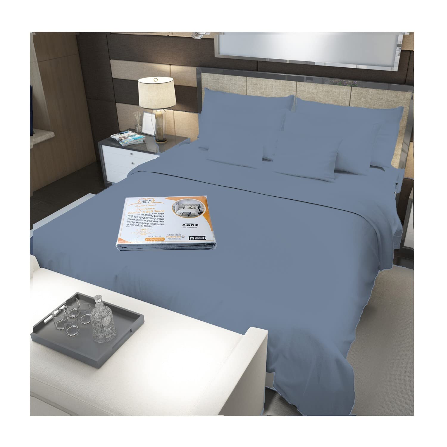 Swan Linen 100% Cotton Fitted Sheet 400 Thread Count Includes 1 Fitted Bed Sheet & 2 Pillowcase Deep Pocket all Around Elastic Breathable Silky Soft Fits up to 16 Inch Mattress (King, Aqua Blue)