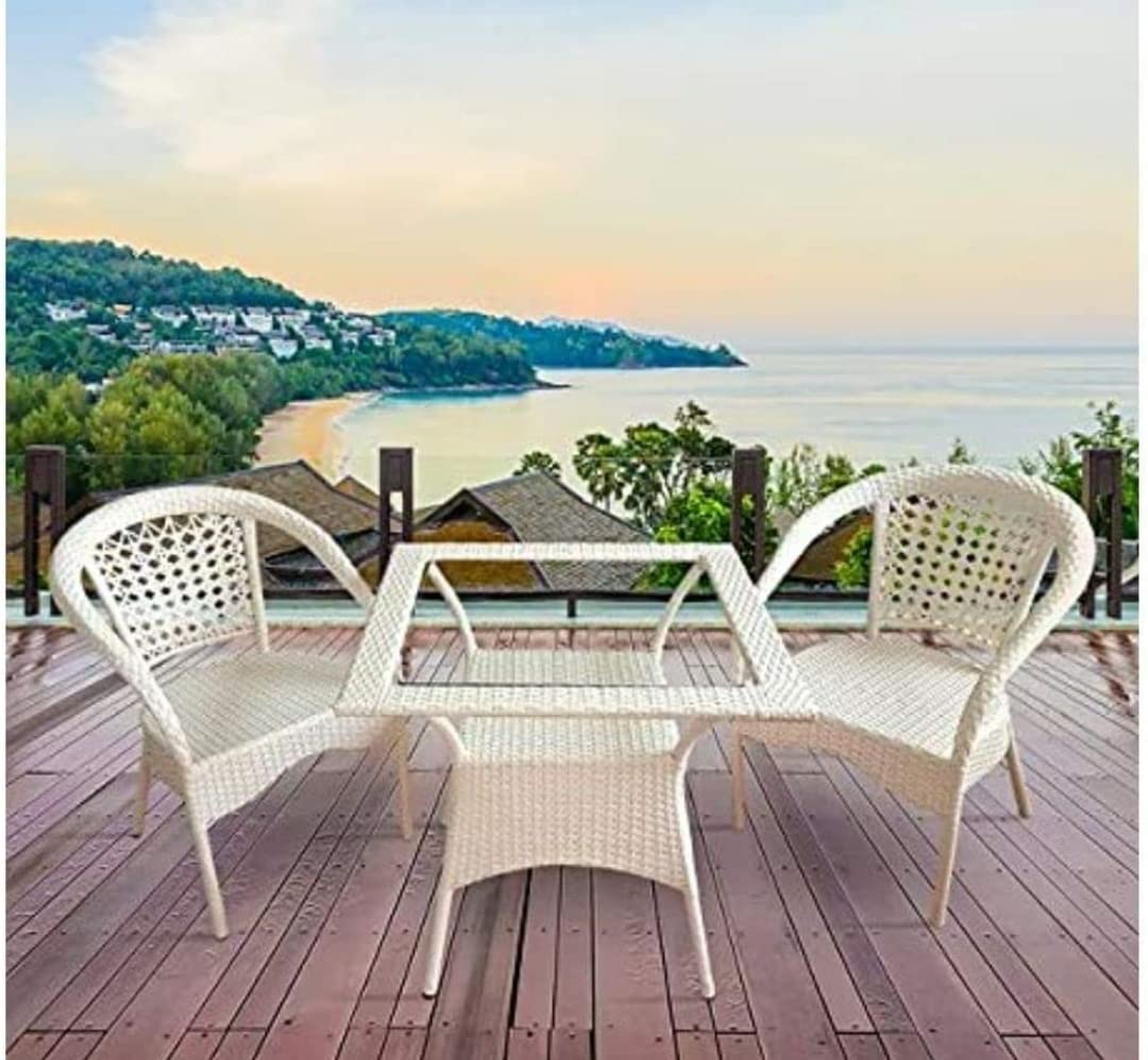 Patio Chair Sets Wicker Garden Indoor Outdoor Terrace Patio Balcony Coffee Table Set Furniture Powder Coated Frame (Off White)-image-47