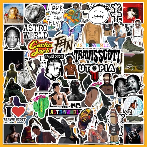 Image of Pack of 45 Travis Scott Stickers - Waterproof Vinyl Decals for Laptop, Water Bottle, Phone, Skateboard & More | Trendy Rapper Stickers for Fans | Hip-Hop Culture Stickers