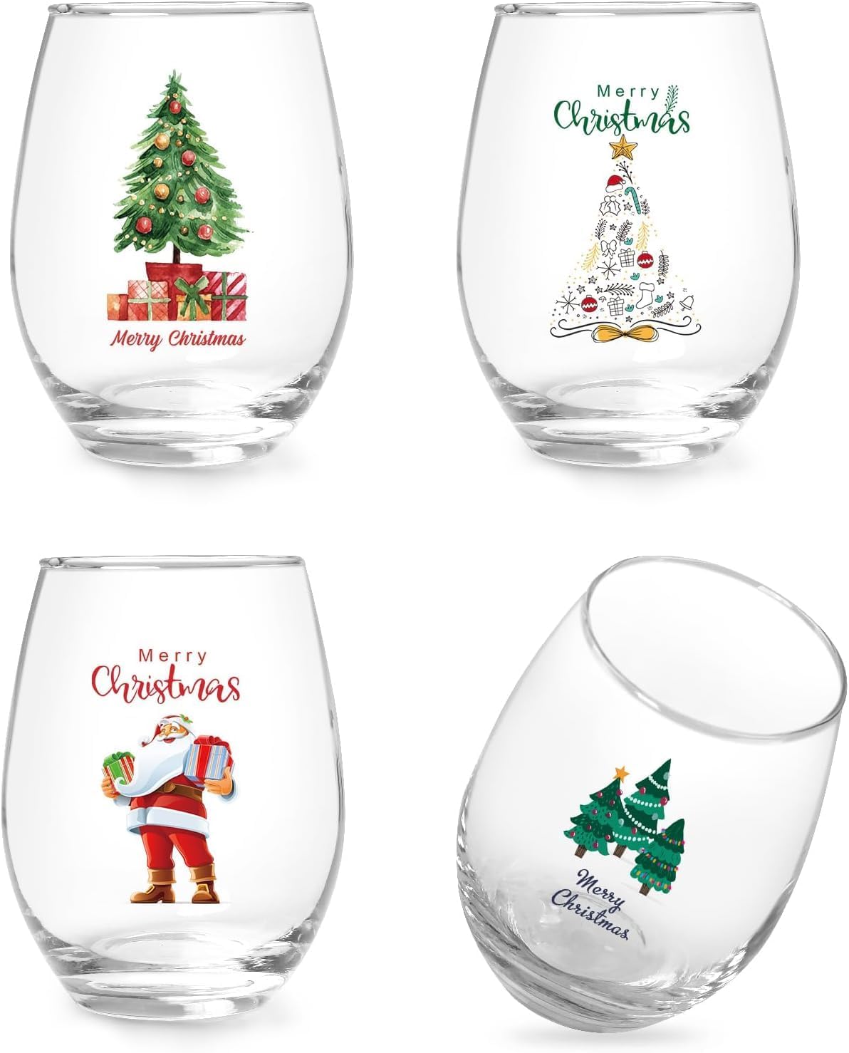 Jogskeor Merry Christmas Wine Glasses Set of 4, Santa Tree Stemless Wine Glasses, Wonderful Holiday Christmas Gifts for Women Men Dad Mom Grandpa Grandma Sisters Friends, 15Oz