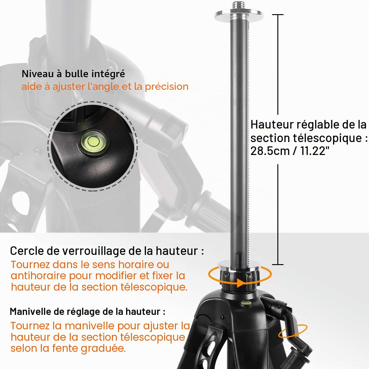 Huepar TPD16 Trépied en aluminium tête plate niveau laser poignée niveau à bulle filetage 5/8"-11 adaptateur 1/4"-20 sac de transport inclus