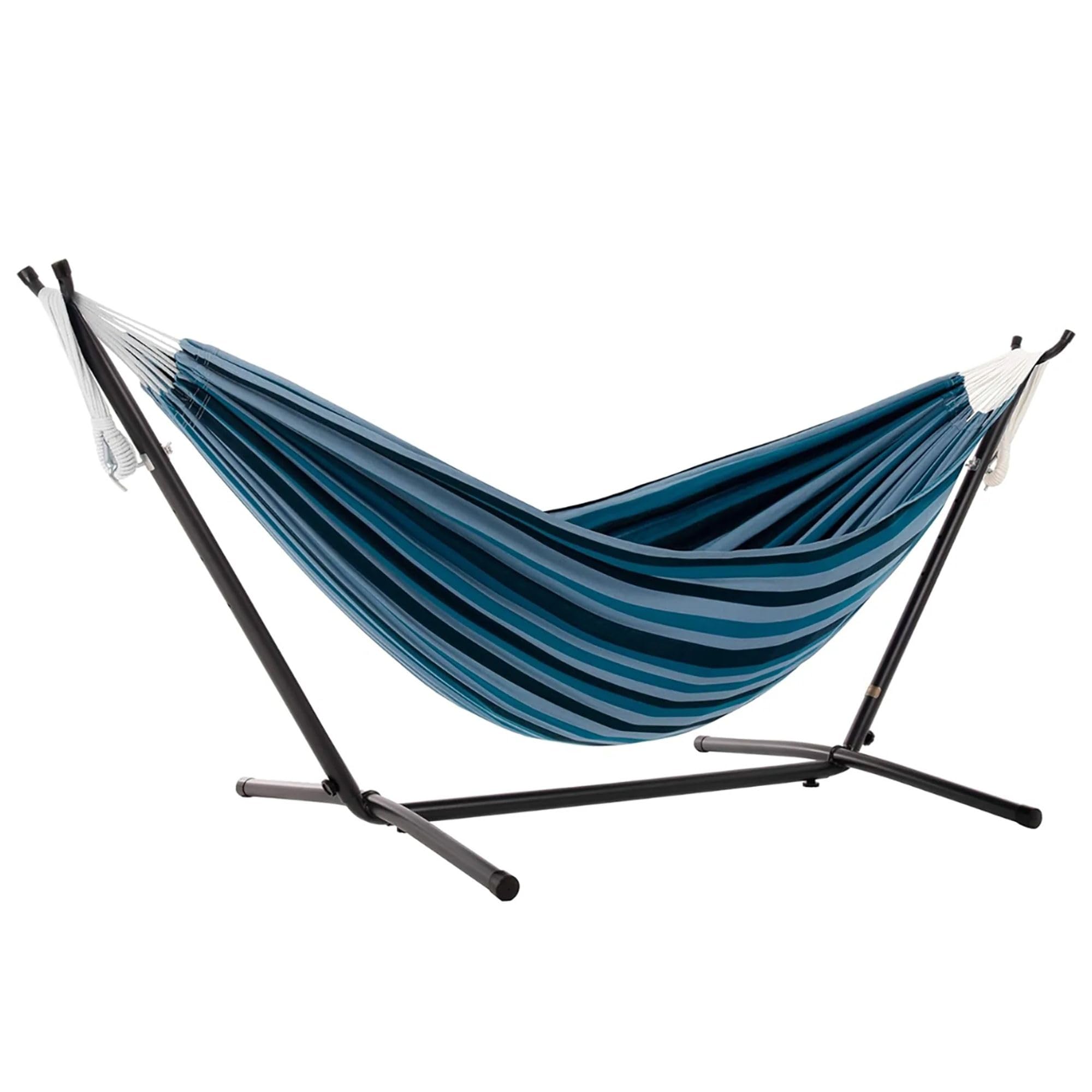 Vivere C9MESH-40 Blue/Orange Mesh Double Hammock with Space Saving Steel Stand