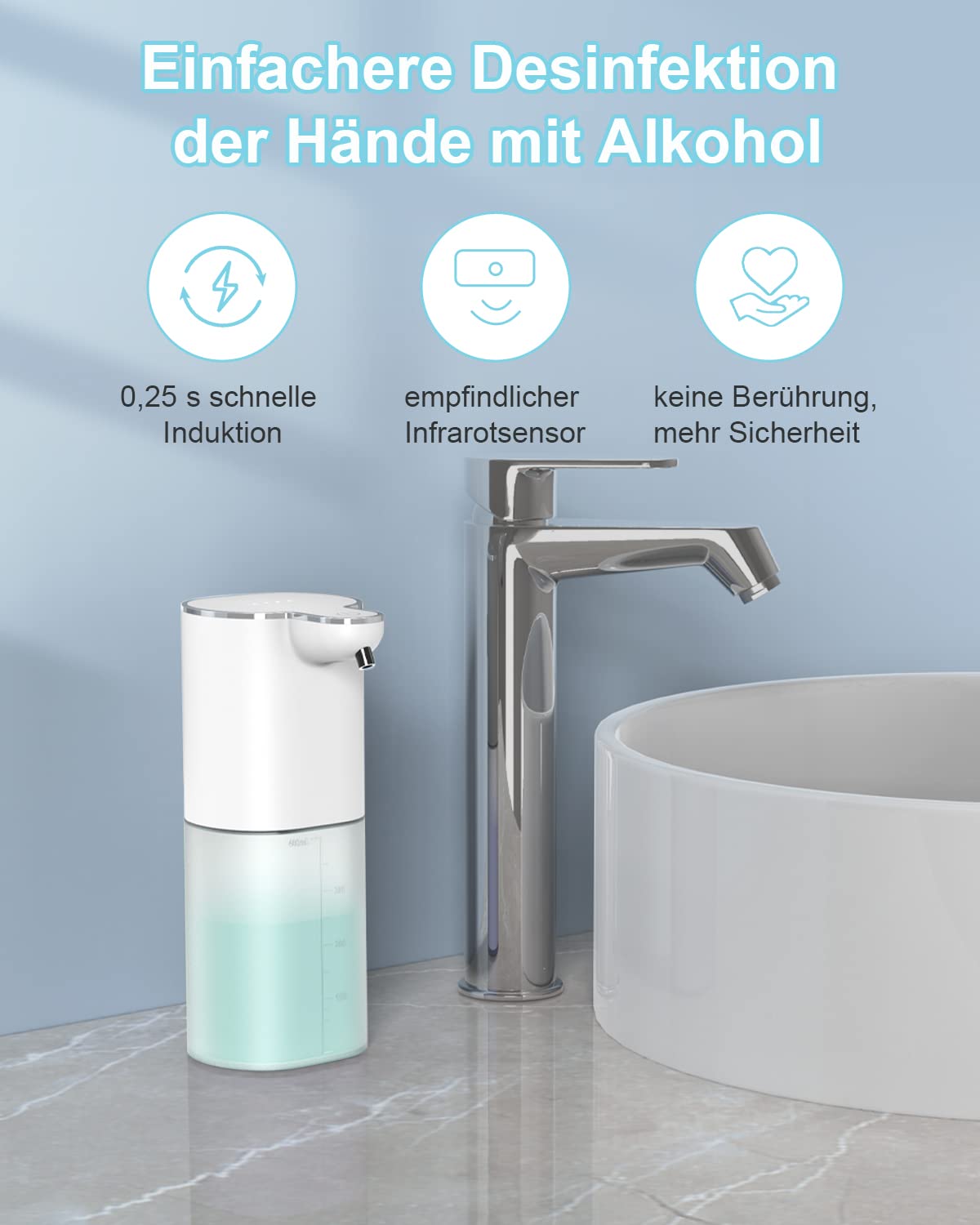 Automatisch Desinfektionsspender, Dalugo 400ml Wiederaufladbar Seifenspender Wandbefestigung Ohne Bohren mit 4 einstellbare Stufen, IPX5 Wasserdicht Automatischer Seifenspender für Restaurant, Hotel