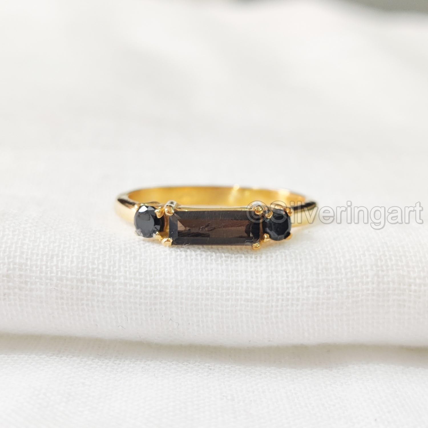 Baguette Smoky Quartz Ring, 925 Sterling Silver, Black Spinel Ring, Womens Ring, Natural Quartz & Spinel, Birthstone, Thanksgiving, Tiny Dainty Ring, Statement Jewelry, Wedding Band, Stacking Ring