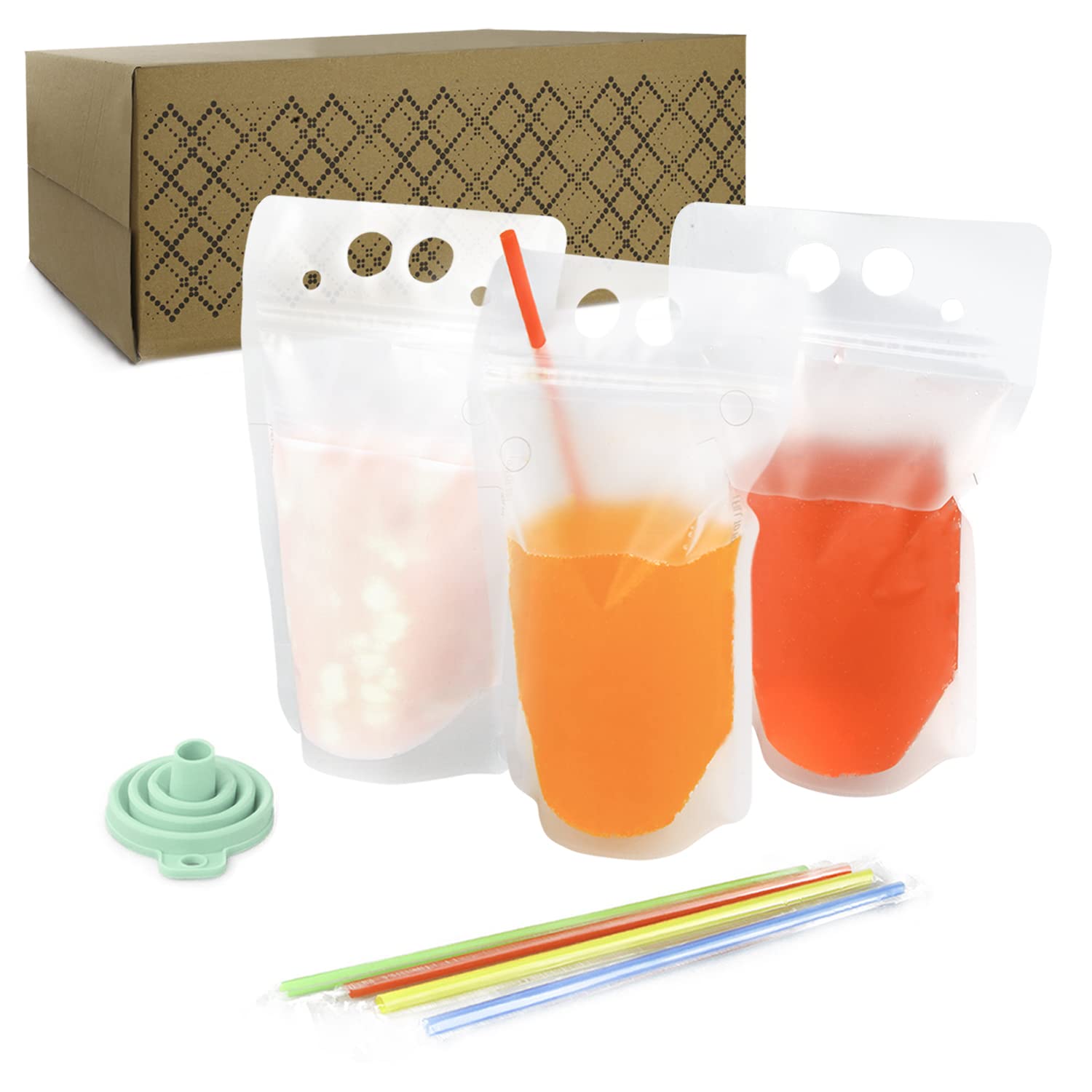 C CRYSTAL LEMON 400PCS Drink Pouches with 400 Straws – Reusable Juice and Smoothie Bags with Zipper Seal – BPA-Free Stand-Up Plastic Pouches for Party, Travel, Camping & Bulk Drinks