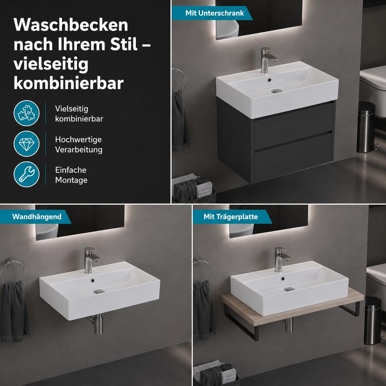 Aqua Bagno Ceramiczna umywalka 60 cm – prostokątna umywalka wisząca lub umywalka nablatowa z otworem na kran, głębokość 42 cm, montaż na ścianie, WC dla gości, biała