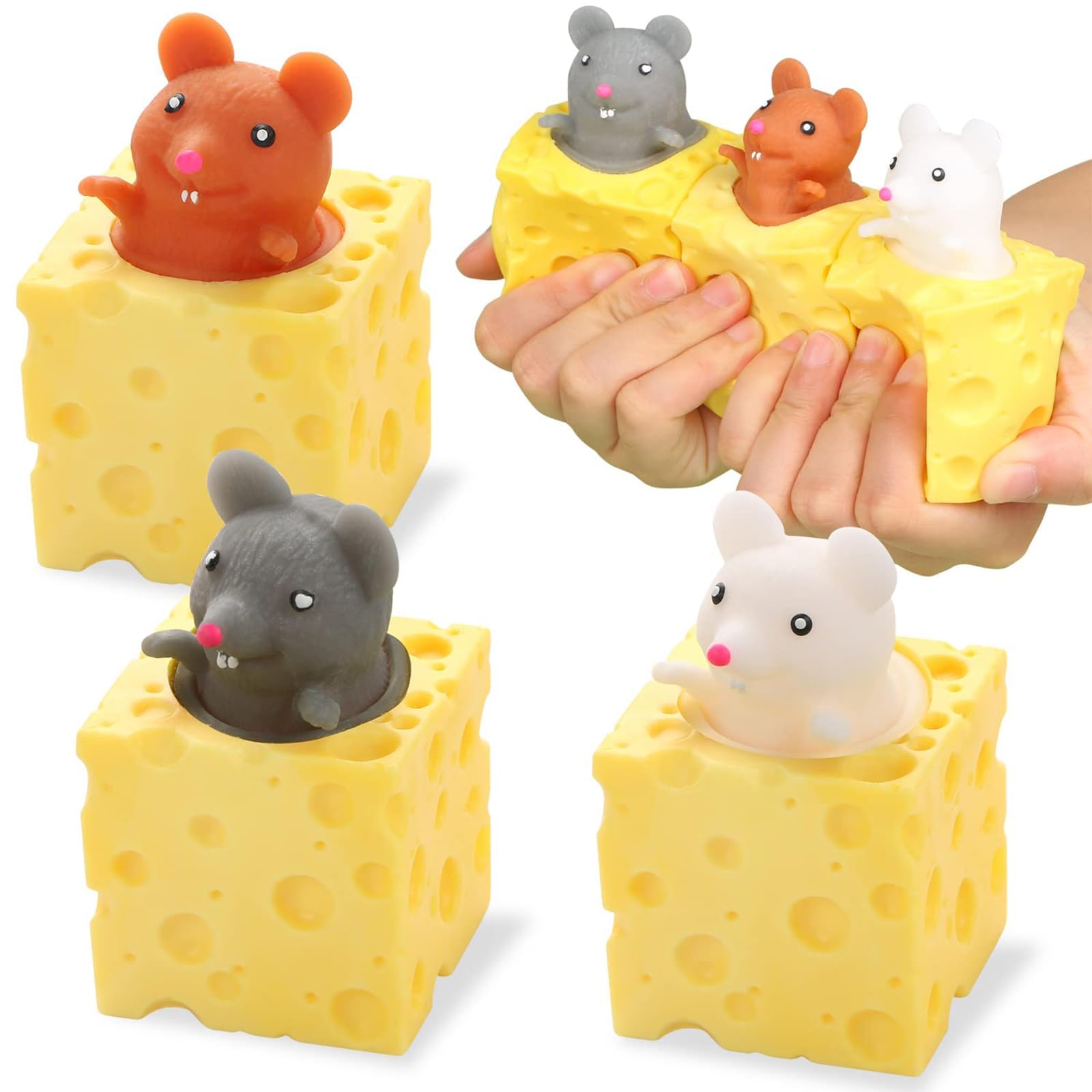 Joyzzz Squishy Cheese Toy, 3PCS Silicone Squeeze Cheese Toy, Stress Relief Squeeze Toy Mouse in Cheese, Toys Mouse in Cheese for Adults and Kids Birthday Gifts (Grey, White, Brown)
