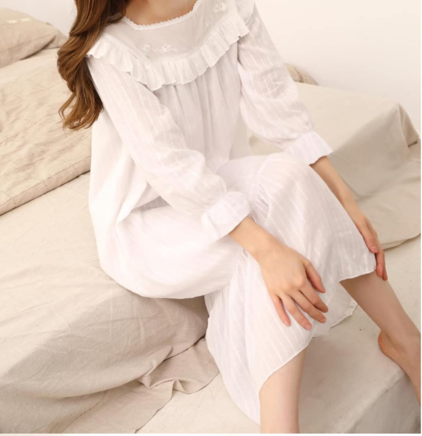 OFFSUM Women's Long Sleeve Nightgown - Spring Summer Cotton Square Collar Dress Elegant Embroidery Lace Robe Vintage Night