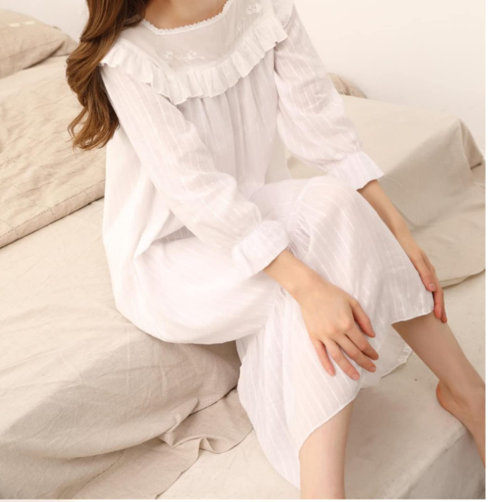 OFFSUM Camisón De Pijama De Mujer - Vestido De Algodón con Cuello Cuadrado para Primavera Y Verano Bata De Encaje Bordado Elegante Camisón Vintage Ropa De Dormir De Princesa Lencería