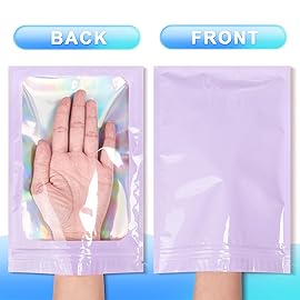 100 Pieces Smell Proof Mylar Bags- Resealable Holographic Packaging Pouch Bag with Clear Window for Food Storage Eyelash Jewelry Electronics Storage (Purple, 4 x 6 Inch)