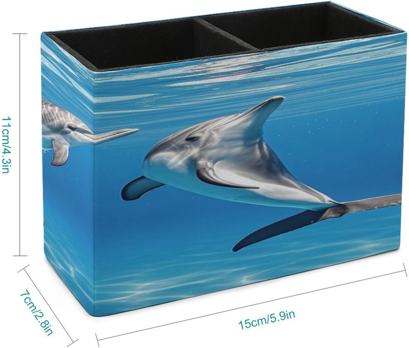 Two Dolphins Pen Holders for Desk Small Remote Control Holder Leather Pencil Cup with Double Compartments Desktop Organizer for Table Desk Office Space Saving image 2