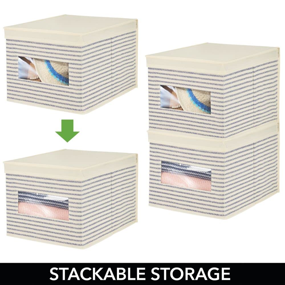 mDesign 6er-Set Stoffbox – praktische Aufbewahrungsbox mit Deckel und Sichtfenster für Schlaf-, Wohn- oder Badezimmer – stapelbare Schrankbox aus atmungsaktiver Kunstfaser – naturfarben/blau