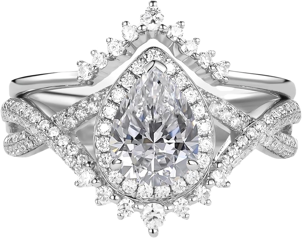 1-3Carat Pear Shaped Lab Grown Diamond Engagement Rings 10K 14K 18K Gold Lab Grown Diamond Wedding Ring Set Vintage Halo Infinity Ring Set 2pcs Inspired V Shaped Wedding Band (D Color, VVS Clarity)