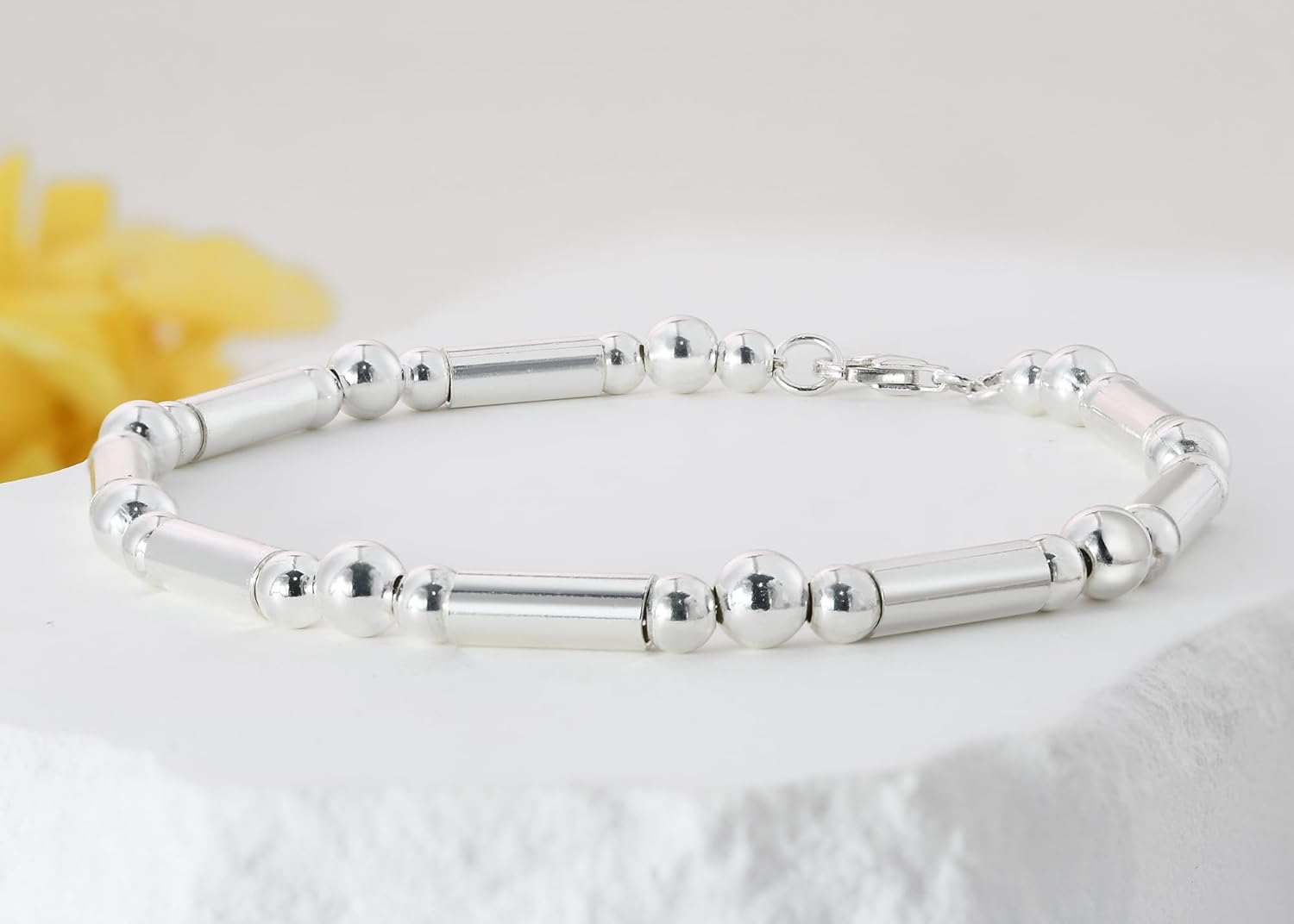 AeraVida Sterling Silver Beaded Bracelet – 8" Round & Tube .925 Silver Beads with Lobster Claw Clasp | Polished Minimalist Bracelet for Women | Classic Daily Wear Jewelry