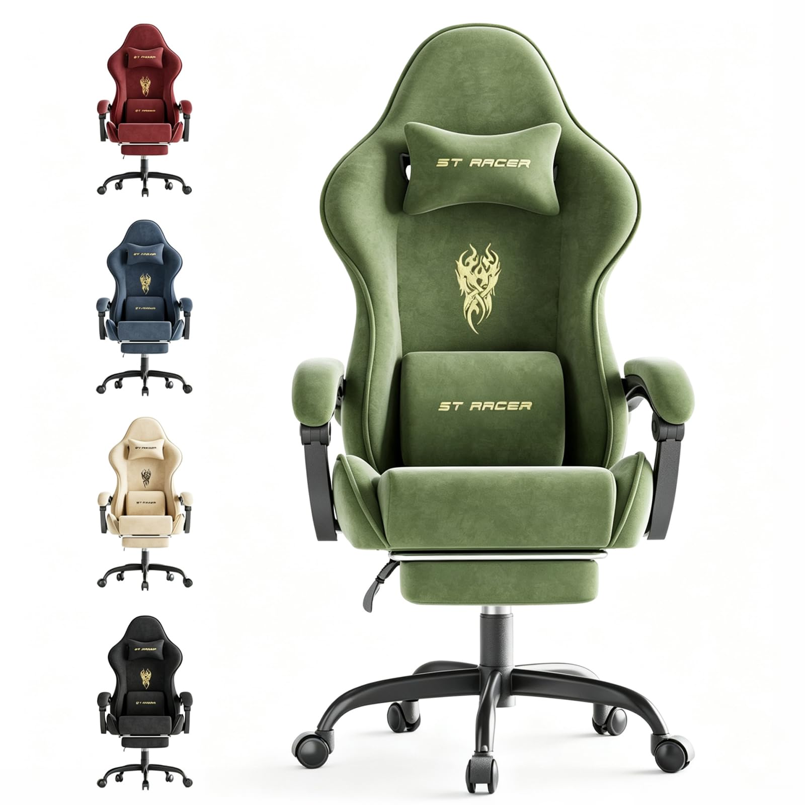 Soontrans Ergonomic Velvet Fabric Gaming Chair with Footrest, Comfortable Video Gamer Chair for Adult, Reclining Office Computer Desk Game Chairs with Massage Lumbar Cushion,Headrest