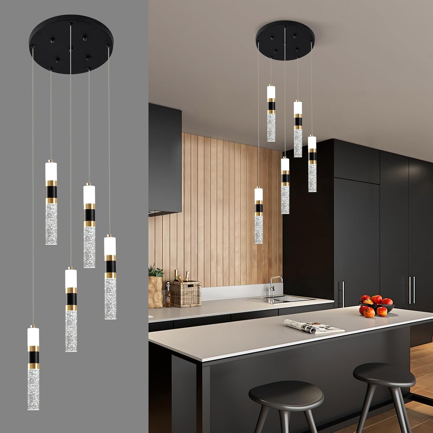 5-Light LED Pendant Lights Kitchen Island, 5-Light Cluster Pendant Lighting, Dimmable LED Modern Pendant Lights Kitchen Island, Dining Room Lighting Pendant Fixtures over Table