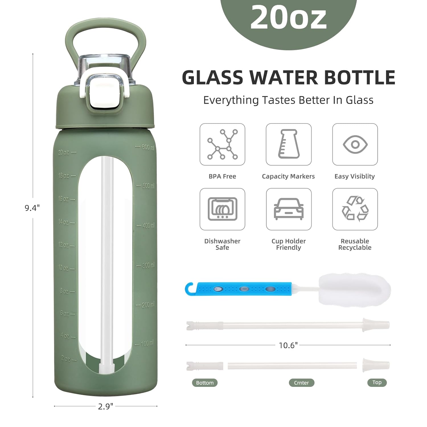 20 oz Glass Water Bottle with Straw Reusable Water Bottle with Non-Slip Silicone Sleeve Wide Mouth Leak-Proof for Coffee, Tea and Water,BPA-free, Dishwasher Safe - Image 5