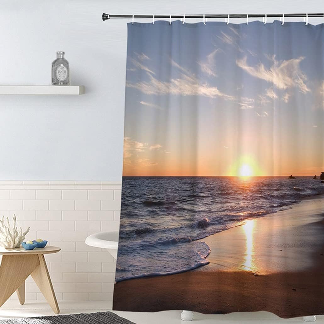 Extra Wide Shower Curtain 108 x 72 Inch, Ocean Sea Beach Sunset Waterproof Fabric Bathroom Shower Curtains Set with Hooks, Brown Blue Orange