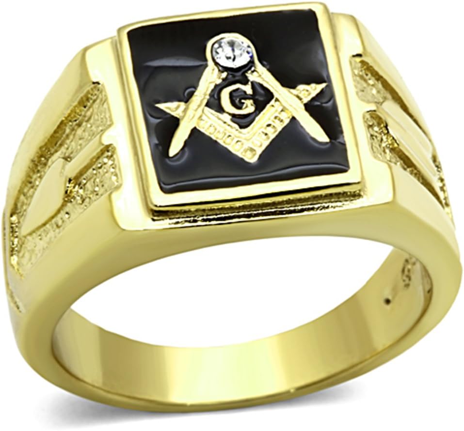 Men's Squared Gold Plated & Black Epoxy Masonic Lodge Freemason Signet Nugget Ring in Hypoallergenic 14K Gold Plated Stainless Steel Ornate Statement Ring - Yellow Gold