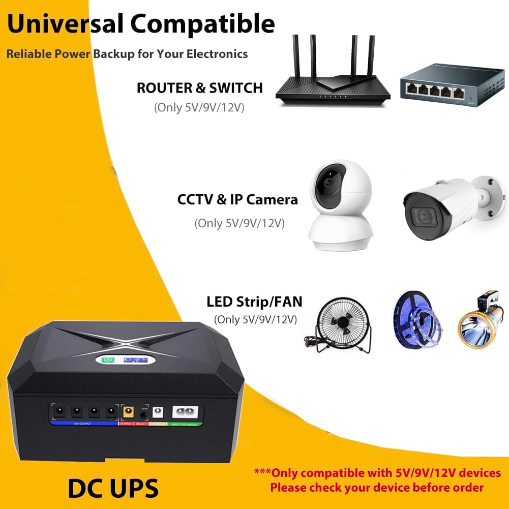 SAI Mini UPS para WiFi, Router, Módem, Cámara de Vigilancia, Entrada AC Salida 5V USB 5V 9V 12V DC 3A (45W)