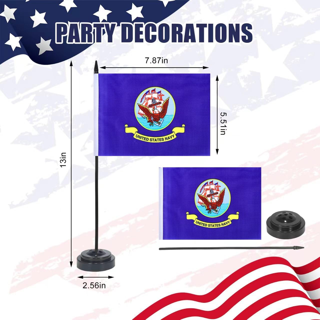 AEHDK 6Pack USA navy Desk Flag Set Mini Small Military Office Table Flags with Black 12" Solid Pole Deluxe Stand Base Decorations image 3