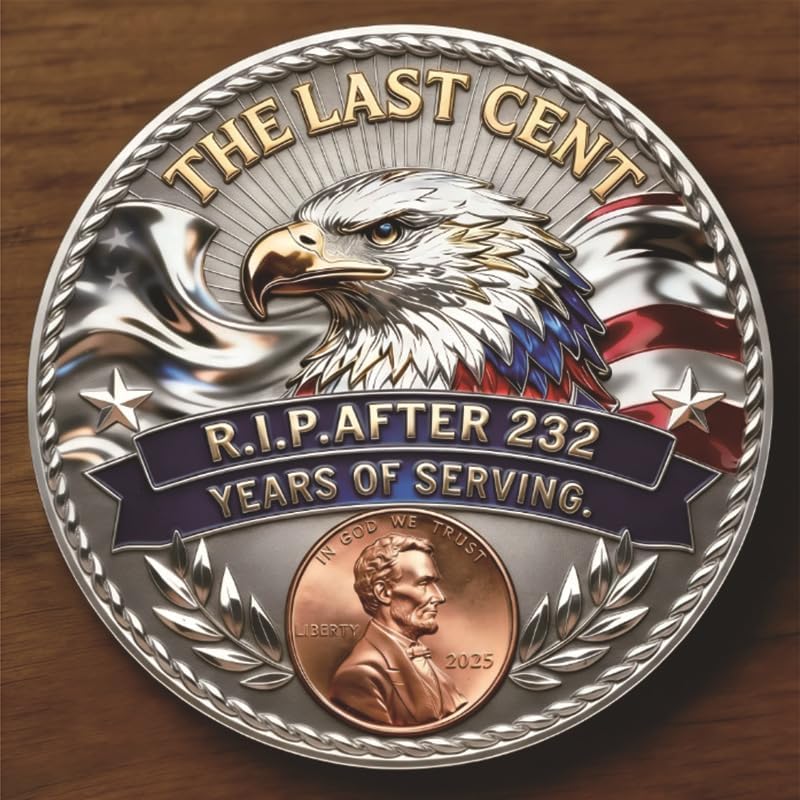 The Last Cent Commemorative Coin, R.I.P. The Final Penny 1793-2025 Challenge Coin with American Eagle & US Flag, Double-Sided Patriotic Collectible Memorabilia Gift for Coin Collectors