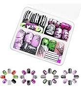 96PCS Halloween Press on Nails Short Square Gothic Fake Nails Halloween Ghost Bat Spider Monster ...