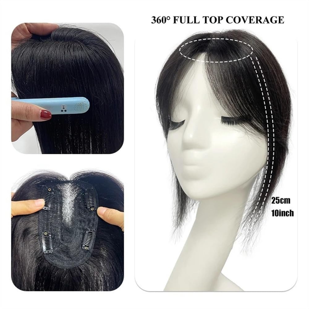 Flequillo Postizo Pelo Natural Topper de cabello humano de 10 pulgadas con flequillo, 9 × 14 CM Base de encaje suizo transpirable Piezas de cabello Remy rectas con flequillo Clip en adornos de cabello