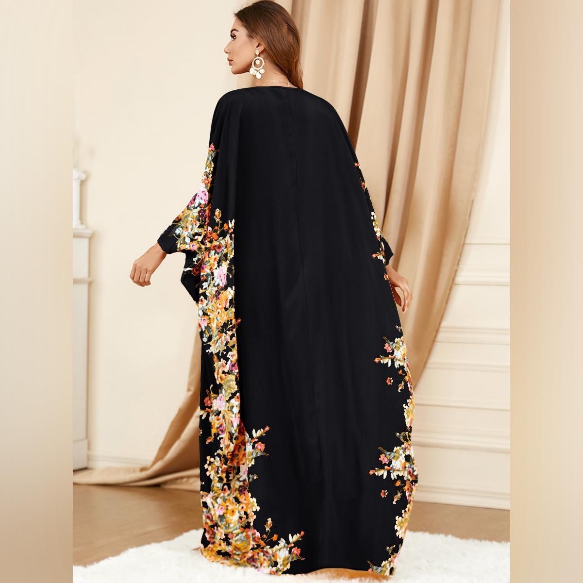ODIZLI Ramadan Abaya for Women Muslim Batwing Sleeve Floral Print Prayer Dress Dubai Turkey Kaftan