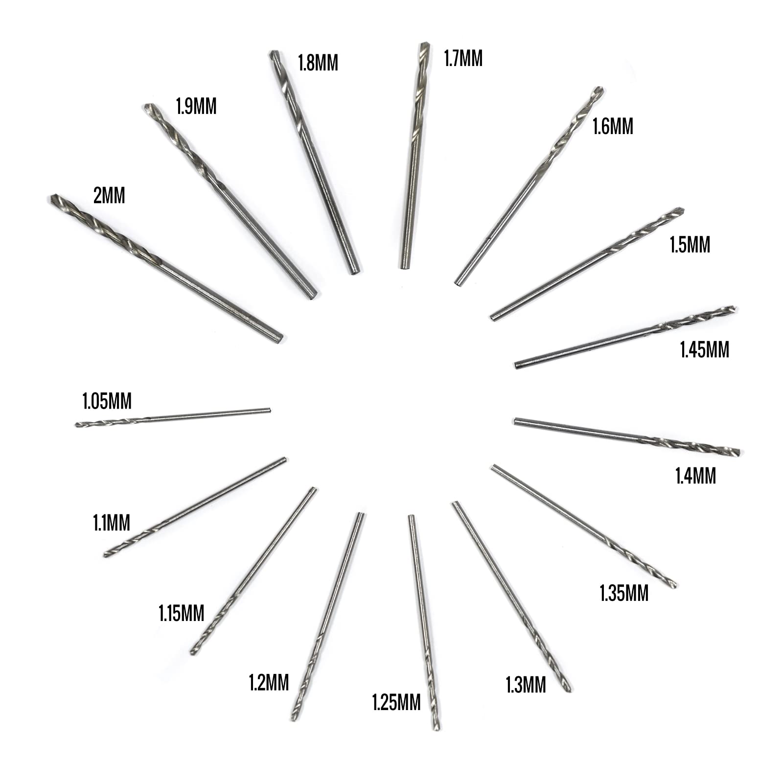 High Speed Stainless Steel Drill Bits Set 1.05 to 2mm 15 Pieces