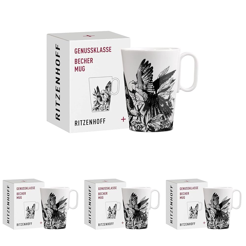 RITZENHOFF 3731001 Kaffee-Tasse 330 ml - Serie Genussklasse Nr. 1 - Becher aus Porzellan mit Vogelmotiv Designerstück (Packung mit 4)