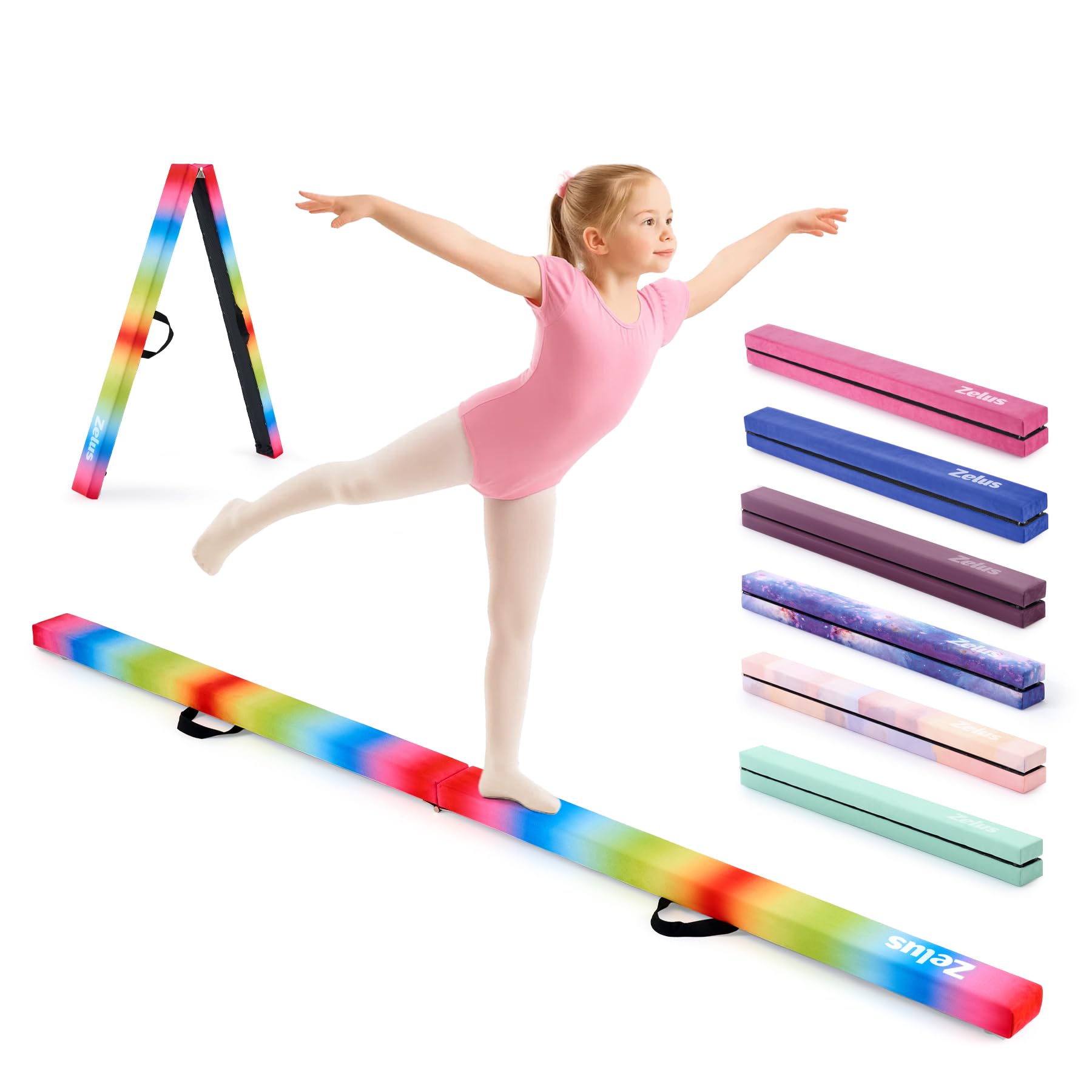 ZELUS 240/270 cm Schwebebalken Kinder für Zuhause Faltbarer Gymnastikbalken aus Eva-Schaum & Holz Balancierbalken mit erhöhten Füßen & Tragegriffen für Fitness, Training, Turnen