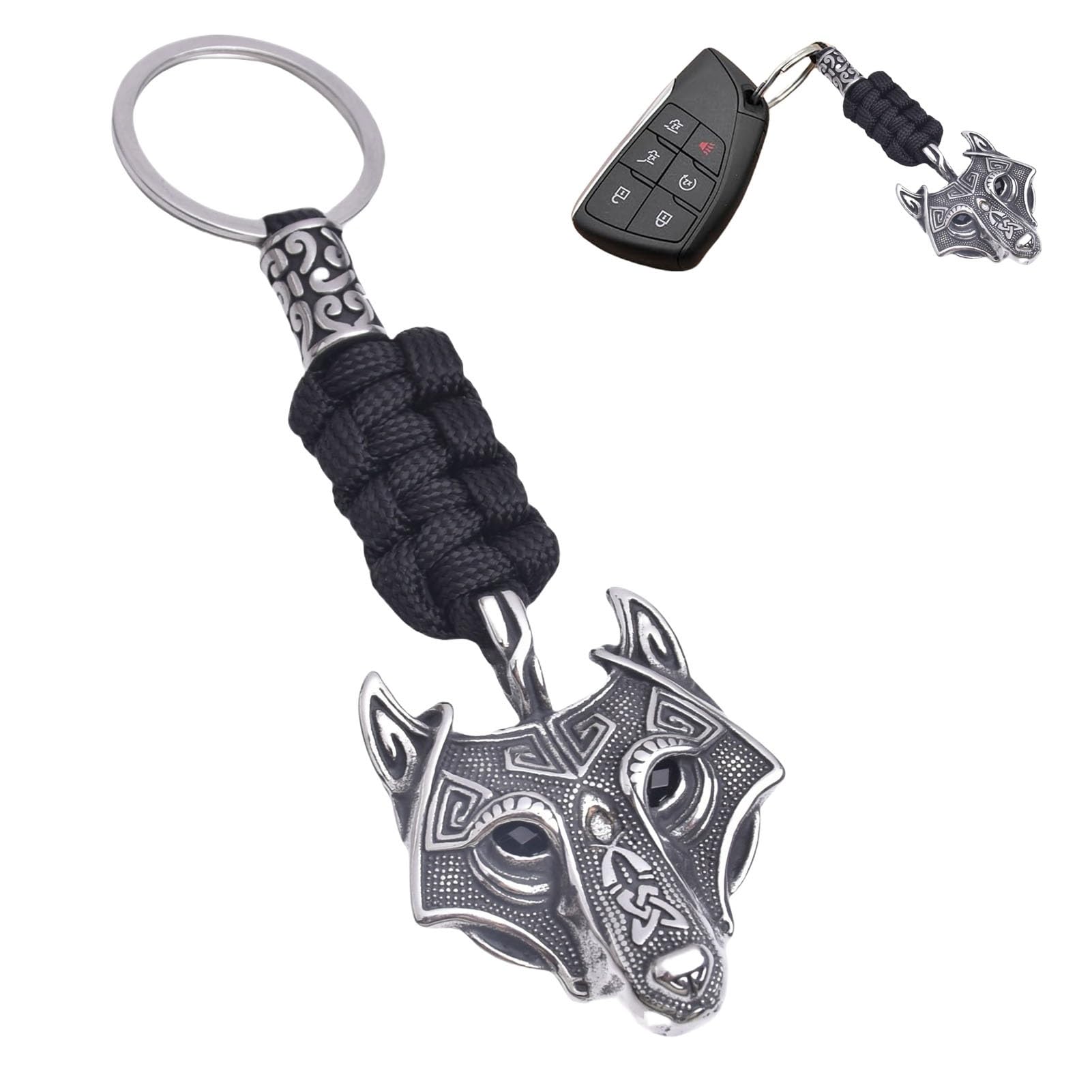 Ldzdgd Unisex Black Viking Wolf Head Keychain For Men, Norse Paracord Key Holder With Stainless Steel Beads, Nordic Car Accessory(Black)