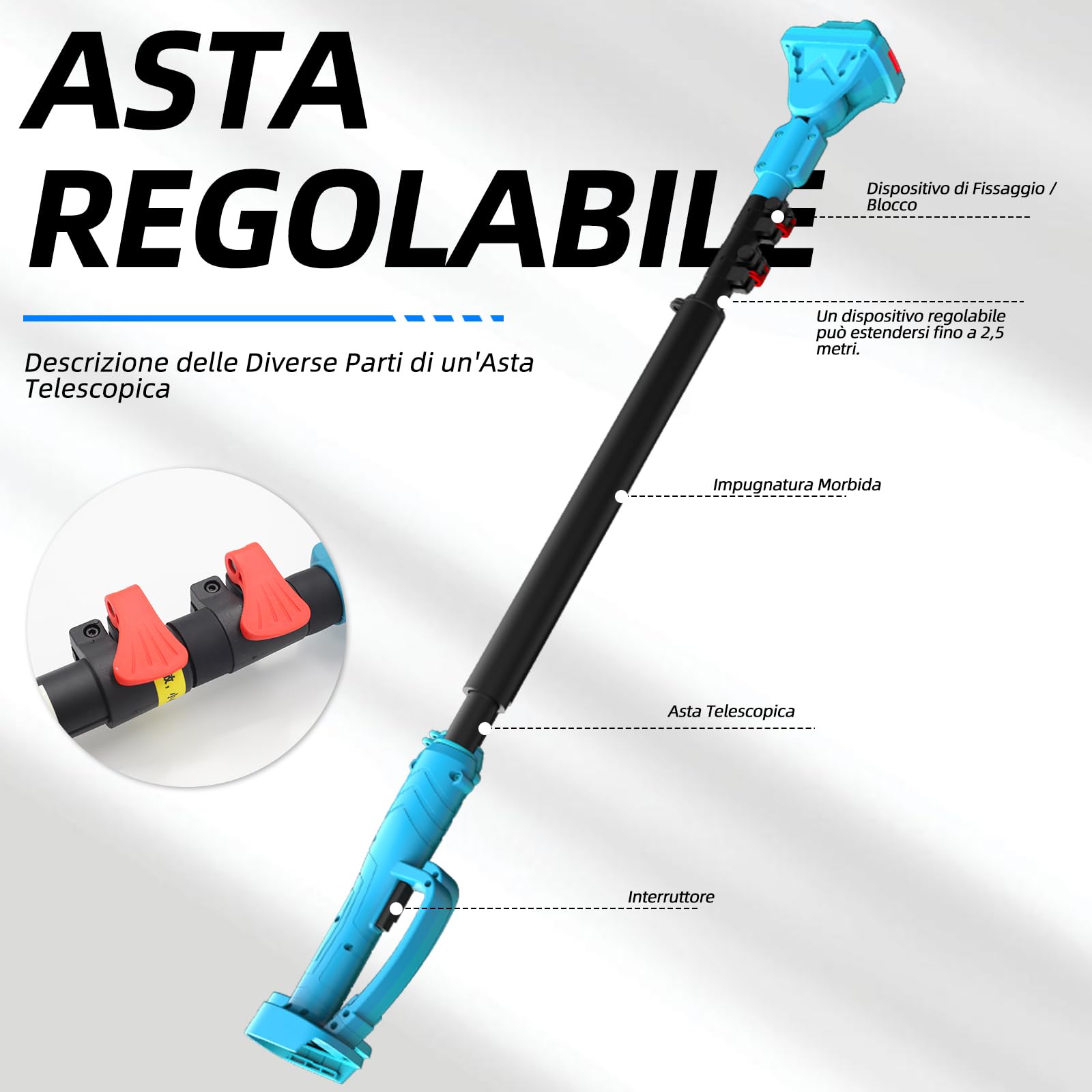 4 in 1 Potatore a batteria Motosega Mini da 15 cm (6″) con asta telescopica (2,5 m) + Cesoia elettrica 35 mm, incl. 2 batterie 21V – perfetto per la cura degli alberi e il taglio dei rami