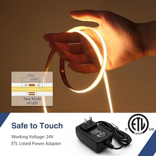 Miniatura 5 de COB - Tira de luz LED blanca regulable de 32.8 pies, 24 V, 2700 K-6500 K, tira de luces COB con control remoto RF 6400 LED CRI93+ para cocina,