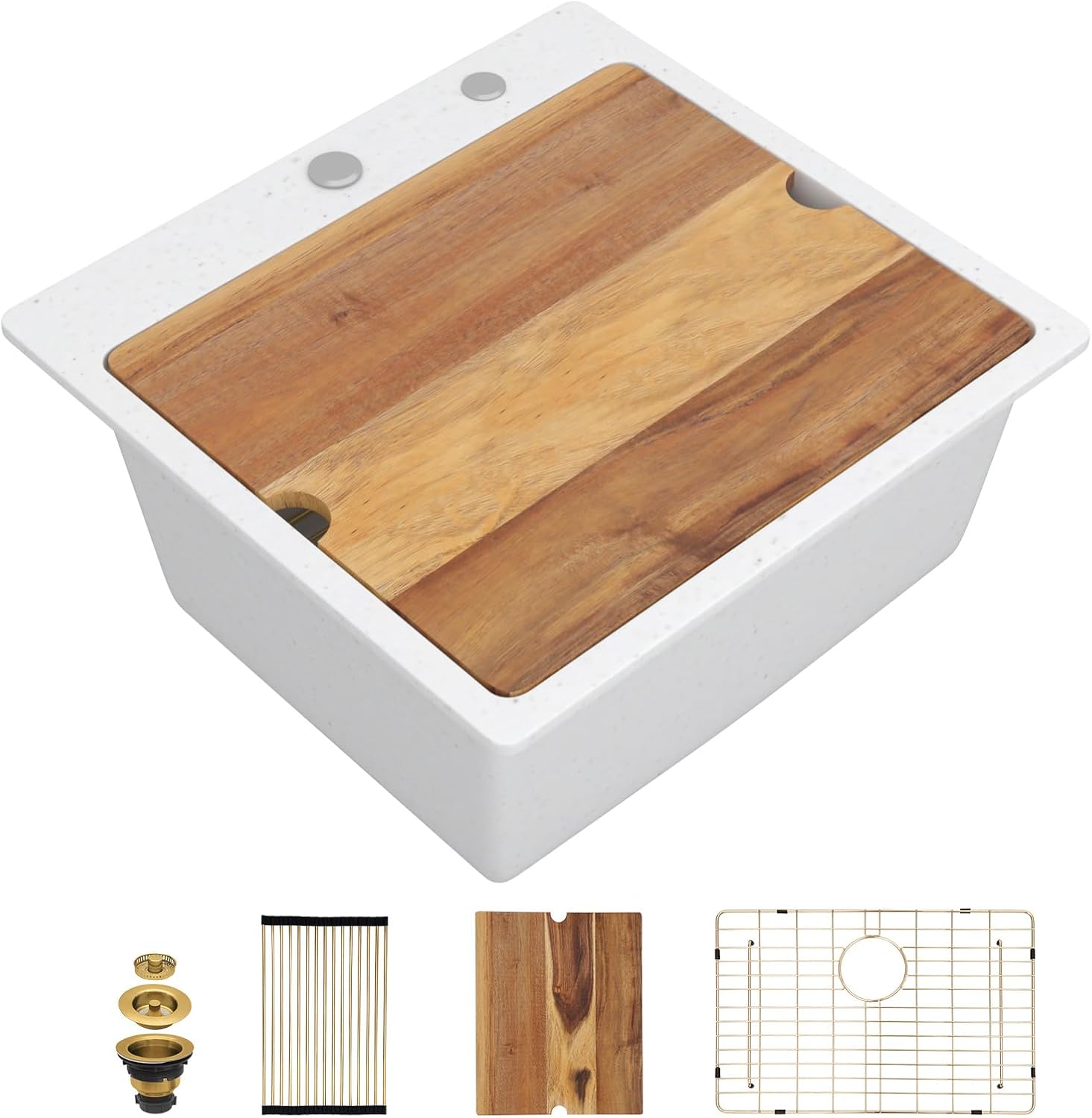 23"x22" Drop In Bar Sink Workstation, White Granite Composite Single Bowl Small Prep Wet Classic Quartz Sink with Cutting Board for RV, Kitchen Bar, and Boat #TLGT-136
