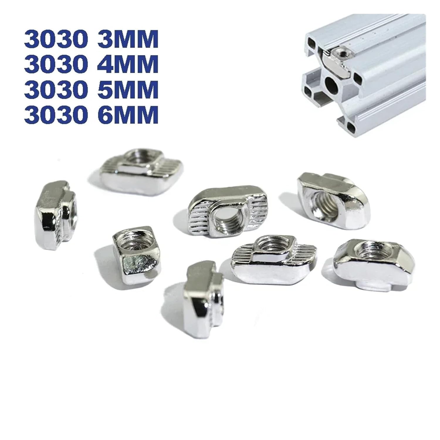 3030 Aluminum Profile with Slot Groove 8mm M3 M4 M5 M6 Nickel Plated T Bolt Hammer Head Nut(3030 M3x50PCS)
