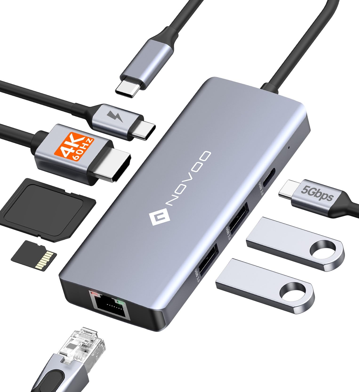 NOVOOUSB C Hub 4K@60Hz HDMI Gigabit Ethernet 8-in-1 USB C Adapter Multiport with HDMI,PD 100W,2 USB-A, 1 USB-C Dataport,SD&TF Docking Station for iPhone 15,MacBook Air/Pro M2, Dell, XPS 15,HP, Lenovo