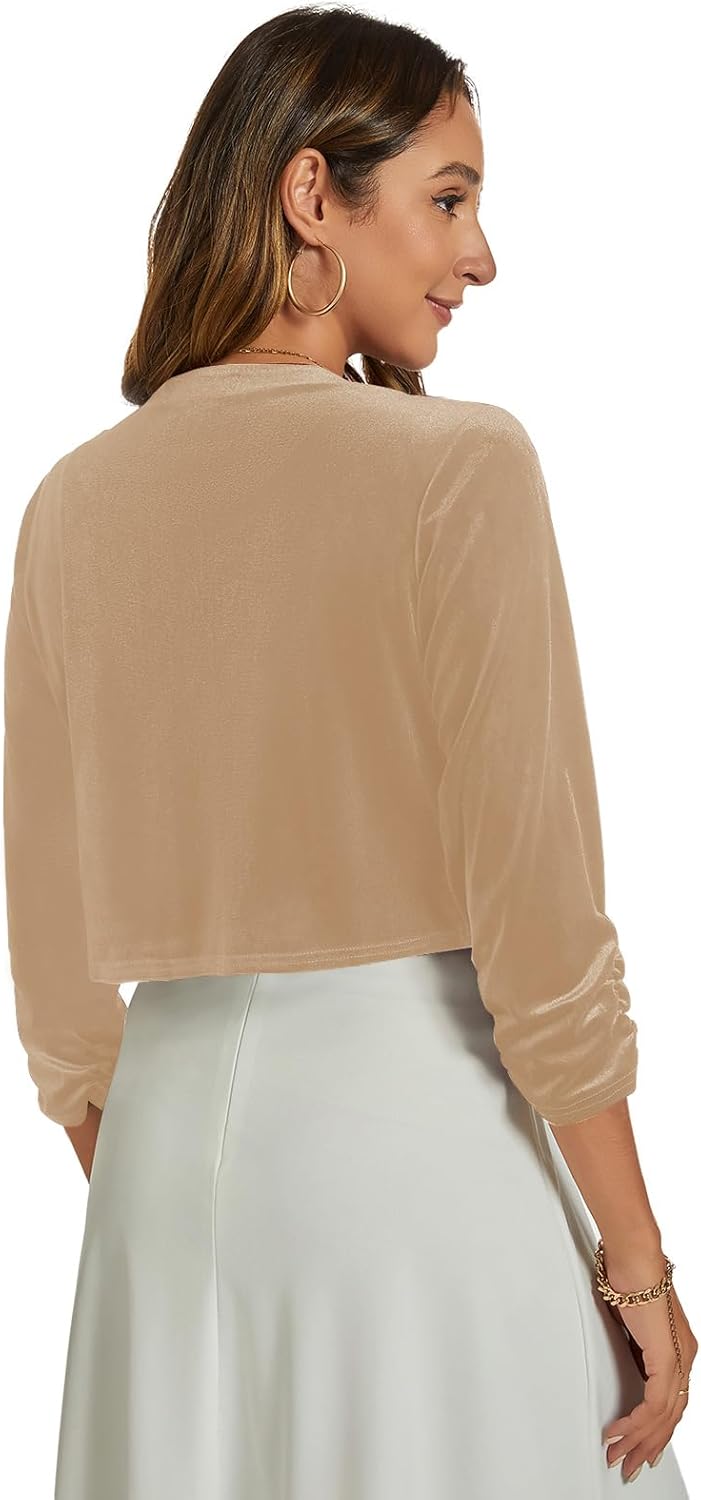 MINTLIMIT Velvet Shrug for Women's Ruched 3/4 Sleeve Open Front Cardigan Elegant Cocktail Party Cropped Bolero Jacket - Image 3
