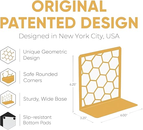 Vista 21 de GEOMOD Sujetalibros geométricos de metal amarillo de panal decorativos, extremos altos y resistentes para estantes, moderno y resistente, soporte