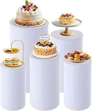 5 Pcs Cylinder Pedestal Stands, Wedding Round Cylinder Stands, Withe Dessert Table Display Pillars for Birthday, Banquet, Anniversary Celebration Decoration