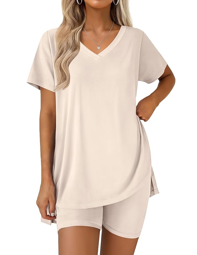 Ekouaer Pajamas for Womens Set 2 Piece Lounge Set Lightweight Summer Pjs Biker Shorts Sets V-Neck Tops Matching
